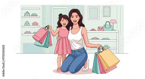 Adobe illustrator artwork vector illustration of a happy mother and daughter enjoying a shopping day. They proudly display their colorful shopping bags in a boutique, emphasizing family bonding