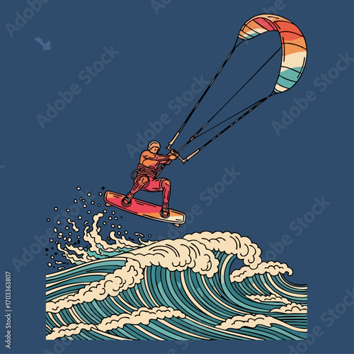Dynamic Kitesurfer Riding a Powerful Ocean Wave with Colorful Kite.