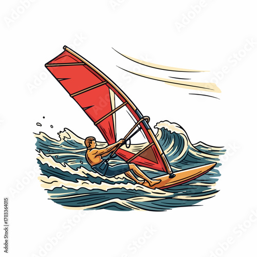 Windsurfer Riding a Wave with Red Sail and Blue Water.