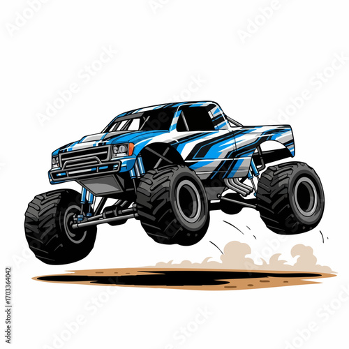 Blue monster truck jumping in mid air with large tires.