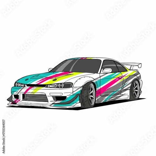 Colorful drift car illustration with custom body kit and livery.