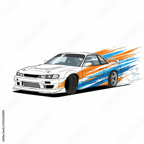 drifting sports car, white and blue, graphic design, fast car, racing car, automotive design.