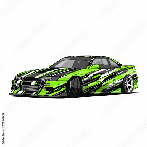 Green and black sports car with custom design and modifications.