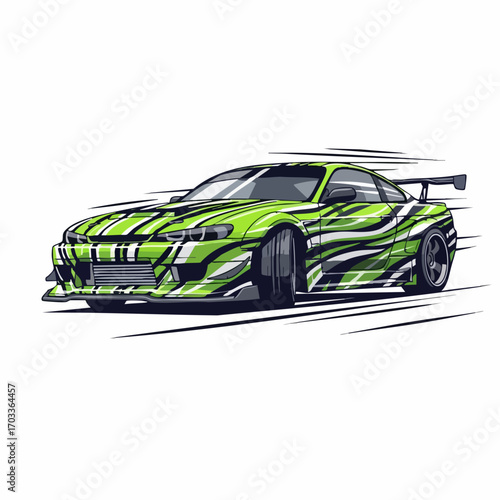 Dynamic Green Drift Car Illustration with Speed Lines.