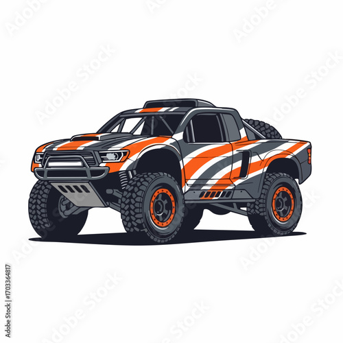 Powerful off road trophy truck with custom racing graphics.