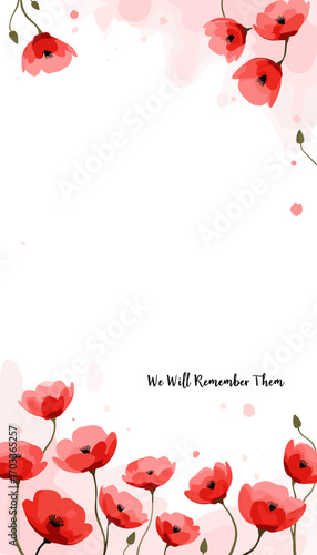 Remembrance Day banner, Remembrance Day poster, Lest We Forget banner, poppy flower design, Armistice Day poster, Veterans Day banner, memorial day remembrance, red poppy poster, military tribute bann