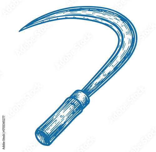Hand drawn blue sickle illustration of a farm tool on a white background
