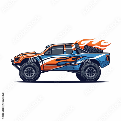 Off-Road Racing Truck with Flames, a Powerful and Dynamic Design.
