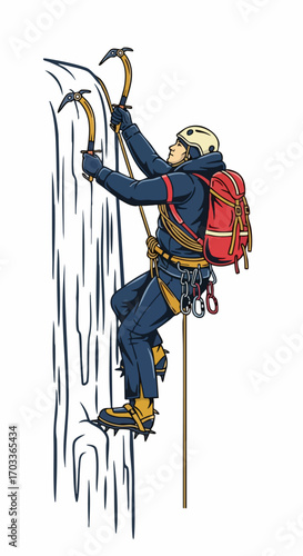 Ice climber ascends a frozen waterfall using ice axes and crampons.