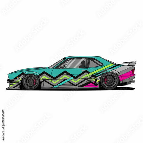 Artistic illustration of a customized car with vibrant colors and unique design.