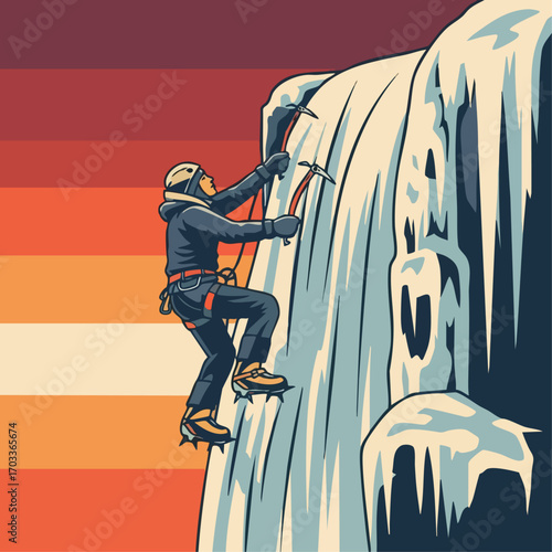 Ice climber scaling frozen waterfall cliff.