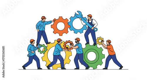Teamwork and Collaboration Concept with People Working Together on Gears.