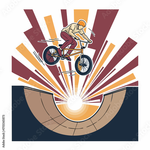 BMX rider performing a trick over a ramp with a dynamic background.