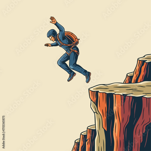 Man in jumpsuit with parachute pack jumping from a cliff edge.