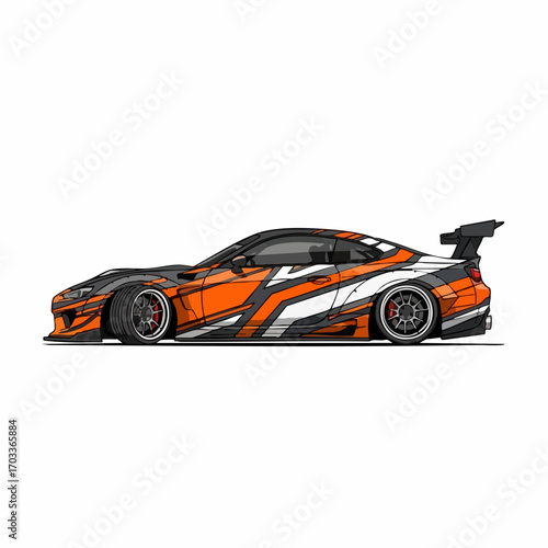 High performance custom sports car with vibrant abstract livery.