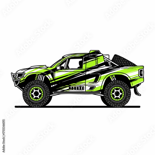 Off-road racing truck with green and black design.