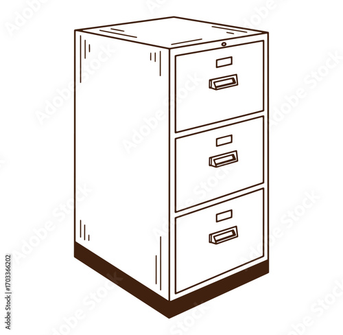 Hand drawn illustration of a three drawer filing cabinet in a simple outlined style