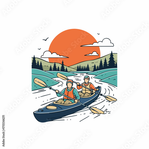 Two people enjoying a tandem kayak adventure on a flowing river.