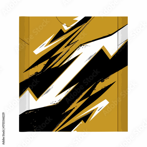 Abstract dynamic sharp geometric shapes in black white and gold.
