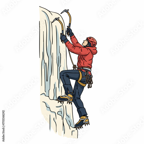 Ice Climber Ascending Frozen Waterfall with Ice Axes and Crampons.