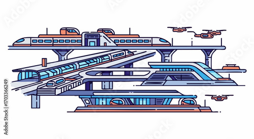 Futuristic transportation hub with high speed trains and drones.
