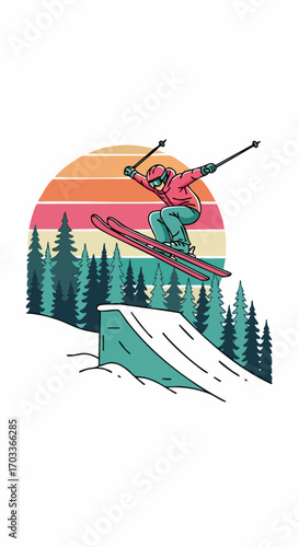 Skier performing a jump mid-air with skis and poles.