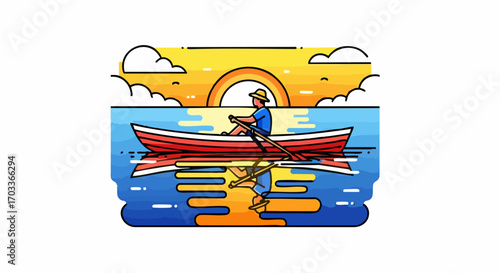 Man rowing a red boat on a calm lake during sunset.