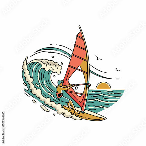 Windsurfer riding a large wave during sunset with birds flying overhead.