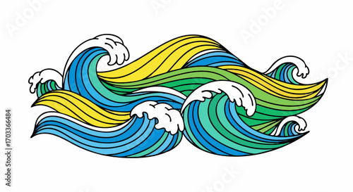 Colorful Hand Drawn Ocean Waves Illustration Stylized Sea Water.