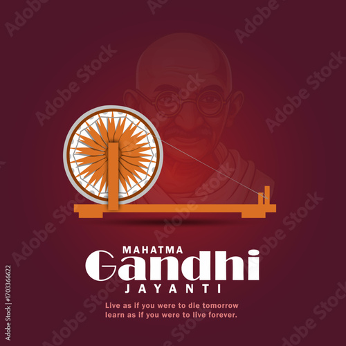 Mahatma Gandhi Jayanti Illustration with Charkha and Gandhi Portrait