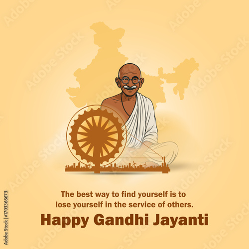 Happy Gandhi Jayanti Illustration of Mahatma Gandhi with Charkha and India Map