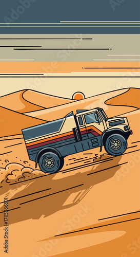 Offroad truck driving through the desert sand dunes during sunset.