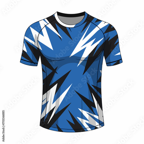 Blue T-shirt with abstract lightning bolt pattern.
