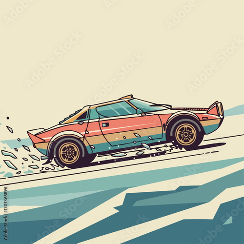 Retro sports car driving fast on a winding road.