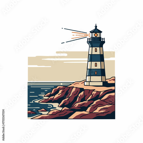 Lighthouse on rocky coast guiding ships at sea.
