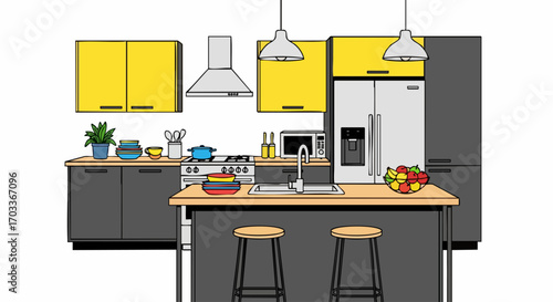 Modern Kitchen Interior with Island, Cabinets, and Appliances Illustration.