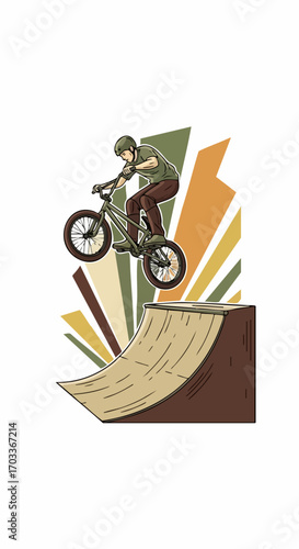 BMX rider performing a trick on a ramp.