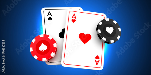 Poker card with casino chips. Casino banner.