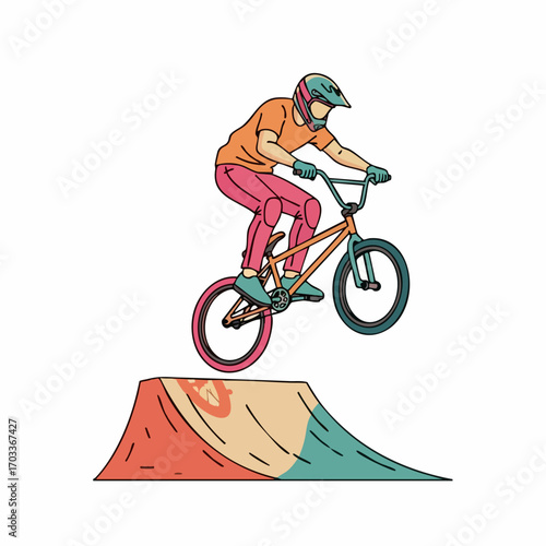 Person performing a bicycle jump on a ramp.
