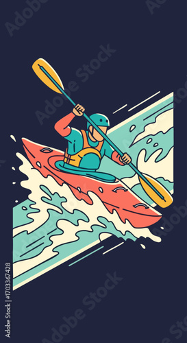 Kayaker maneuvering kayak through whitewater rapids.