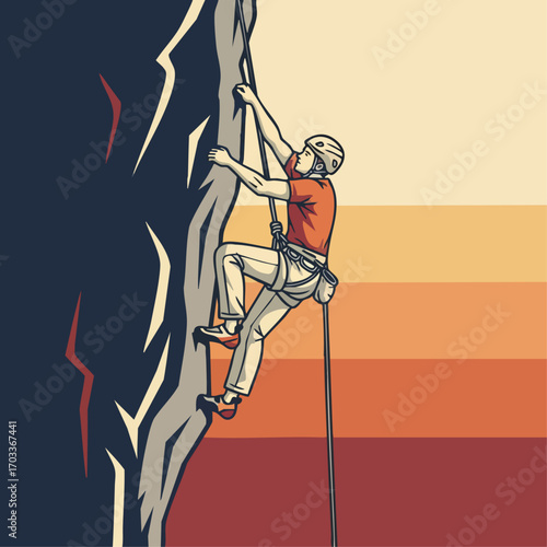 Vector Illustration of a Man Engaged in Rock Climbing.