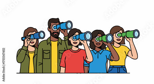 Group of diverse people looking through binoculars for observation and exploration.