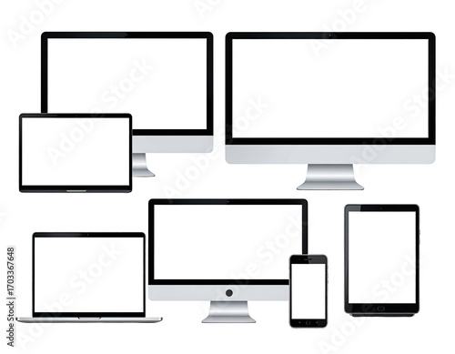 Assorted digital displays, various sizes and types, blank screens
