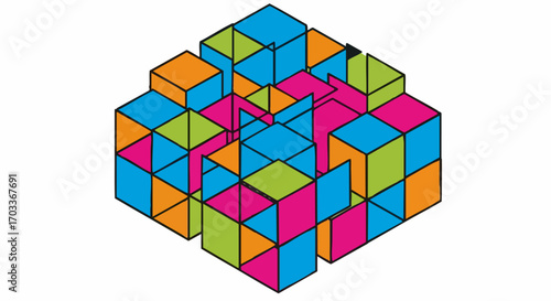 Abstract Colorful Interlocking Cubes 3D Geometric Design.