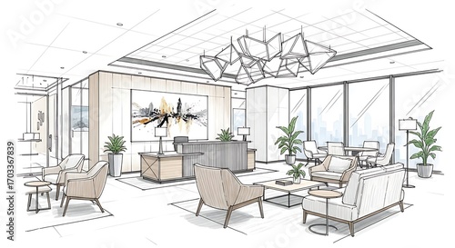 Modern Luxury Office Lobby Interior Design Sketch with Contemporary Furniture and Lighting.