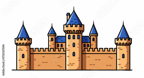Detailed illustration of a medieval castle with blue roofs and towers.