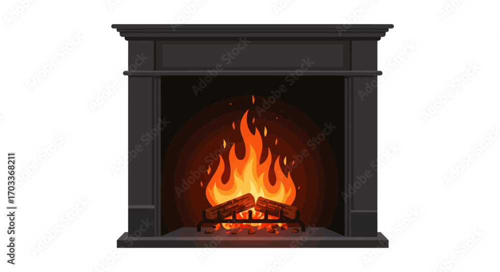 Naklejka premium Classic Fireplace with Burning Logs and Bright Flames Illustration.