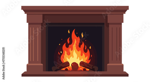 Cozy Fireplace with Burning Logs and Flames Illustration.