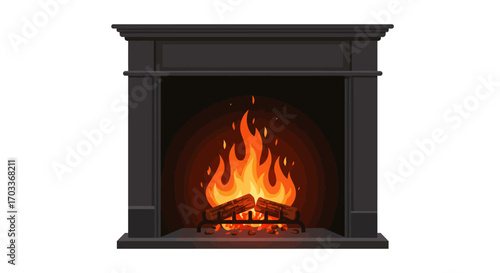 Classic Fireplace with Burning Logs and Bright Flames Illustration.