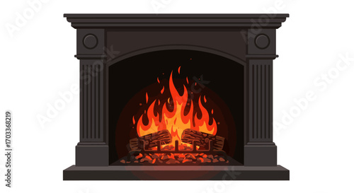 Cozy Fireplace with Burning Logs and Flames.